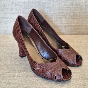 Vintage Michelle D NORA Leather Reptile Print Brown Peep-Toe Heels Pumps